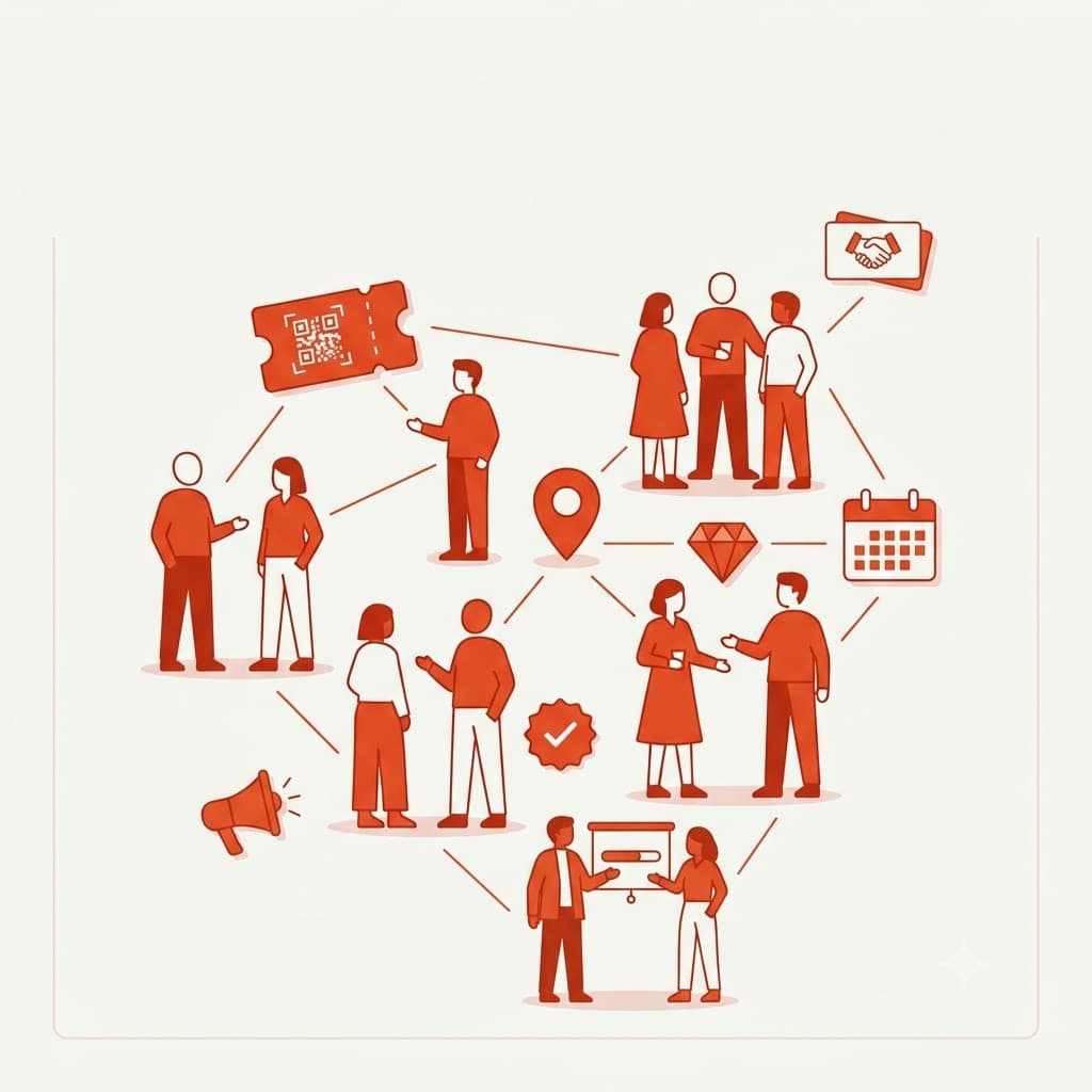 An event coming together on Gatherlyy — attendees meeting, a QR ticket being scanned, and the schedule, venue and guest list around them.